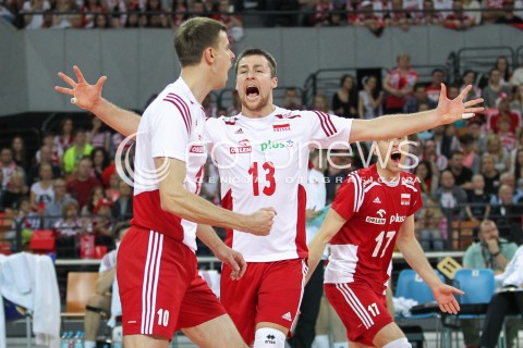  18.05.2014 WROCLAW <br />SIATKOWKA MEZCZYZN <br />TURNIEJ KWALIFIKACYJNY DO MISTRZOSTW EUROPY 2015<br />2015 FIVB WORLD CHAMPIONSHIP - EUROPEAN QUALIFICATION MEN <br />MECZ POLSKA - SLOWENIA ( POLAND - SLOVENIA ) <br />N/Z MICHAL KUBIAK PAWEL ZATORSKI RADOSC EMOCJE <br /> 