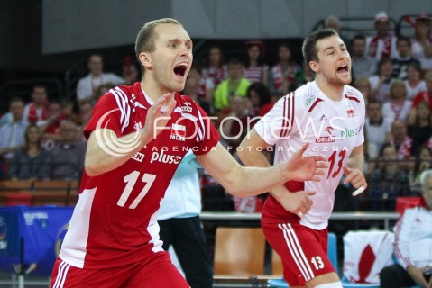  18.05.2014 WROCLAW <br />SIATKOWKA MEZCZYZN <br />TURNIEJ KWALIFIKACYJNY DO MISTRZOSTW EUROPY 2015<br />2015 FIVB WORLD CHAMPIONSHIP - EUROPEAN QUALIFICATION MEN <br />MECZ POLSKA - SLOWENIA ( POLAND - SLOVENIA ) <br />N/Z PAWEL ZATORSKI MICHAL KUBIAK RADOSC EMOCJE <br /> 