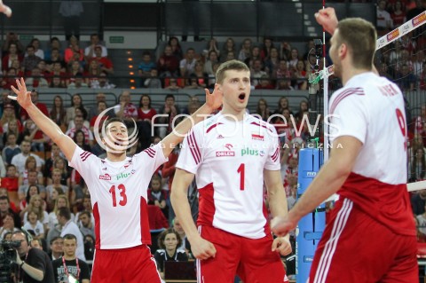  18.05.2014 WROCLAW <br />SIATKOWKA MEZCZYZN <br />TURNIEJ KWALIFIKACYJNY DO MISTRZOSTW EUROPY 2015<br />2015 FIVB WORLD CHAMPIONSHIP - EUROPEAN QUALIFICATION MEN <br />MECZ POLSKA - SLOWENIA ( POLAND - SLOVENIA ) <br />N/Z MICHAL KUBIAK PIOTR NOWAKOWSKI RADOSC EMOCJE <br /> 