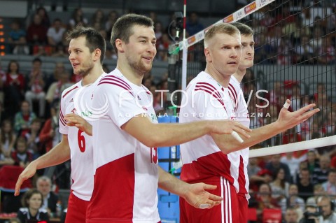  18.05.2014 WROCLAW <br />SIATKOWKA MEZCZYZN <br />TURNIEJ KWALIFIKACYJNY DO MISTRZOSTW EUROPY 2015<br />2015 FIVB WORLD CHAMPIONSHIP - EUROPEAN QUALIFICATION MEN <br />MECZ POLSKA - SLOWENIA ( POLAND - SLOVENIA ) <br />N/Z MICHAL KUBIAK PAWEL ZAGUMNY PIOTR NOWAKOWSKI RADOSC EMOCJE <br /> 