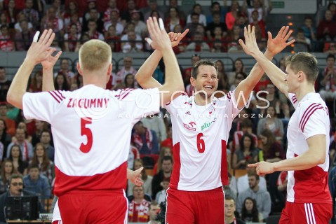  18.05.2014 WROCLAW <br />SIATKOWKA MEZCZYZN <br />TURNIEJ KWALIFIKACYJNY DO MISTRZOSTW EUROPY 2015<br />2015 FIVB WORLD CHAMPIONSHIP - EUROPEAN QUALIFICATION MEN <br />MECZ POLSKA - SLOWENIA ( POLAND - SLOVENIA ) <br />N/Z BARTOSZ KUREK PIOTR NOWAKOWSKI RADOSC EMOCJE <br /> 
