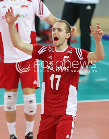  18.05.2014 WROCLAW <br />SIATKOWKA MEZCZYZN <br />TURNIEJ KWALIFIKACYJNY DO MISTRZOSTW EUROPY 2015<br />2015 FIVB WORLD CHAMPIONSHIP - EUROPEAN QUALIFICATION MEN <br />MECZ POLSKA - SLOWENIA ( POLAND - SLOVENIA ) <br />N/Z PAWEL ZATORSKI SYLWETKA RADOSC EMOCJE <br /> 