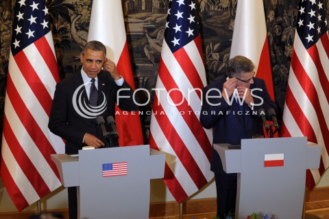  03.06.2014 WARSZAWA<br />SPOTKANIE PREZYDENTA BARACKA OBAMY Z PREZYDENTEM BRONISLAWEM KOMOROWSKIM<br />President Obama in Poland. Barack Obama and President Bronislaw Komorowski meet at Belweder Palace<br />N/Z PREZYDENT POLSKI BRONISLAW KOMOROWSKI PREZYDENT USA BARACK OBAMA<br /> 