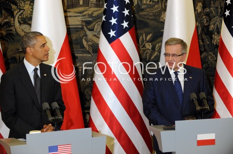  03.06.2014 WARSZAWA<br />SPOTKANIE PREZYDENTA BARACKA OBAMY Z PREZYDENTEM BRONISLAWEM KOMOROWSKIM<br />President Obama in Poland. Barack Obama and President Bronislaw Komorowski meet at Belweder Palace<br />N/Z PREZYDENT POLSKI BRONISLAW KOMOROWSKI PREZYDENT USA BARACK OBAMA<br /> 