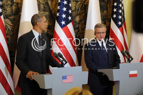 03.06.2014 WARSZAWA<br />SPOTKANIE PREZYDENTA BARACKA OBAMY Z PREZYDENTEM BRONISLAWEM KOMOROWSKIM<br />President Obama in Poland. Barack Obama and President Bronislaw Komorowski meet at Belweder Palace<br />N/Z PREZYDENT POLSKI BRONISLAW KOMOROWSKI PREZYDENT USA BARACK OBAMA<br /> 