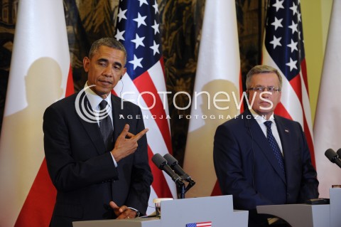 03.06.2014 WARSZAWA<br />SPOTKANIE PREZYDENTA BARACKA OBAMY Z PREZYDENTEM BRONISLAWEM KOMOROWSKIM<br />President Obama in Poland. Barack Obama and President Bronislaw Komorowski meet at Belweder Palace<br />N/Z PREZYDENT POLSKI BRONISLAW KOMOROWSKI PREZYDENT USA BARACK OBAMA<br /> 