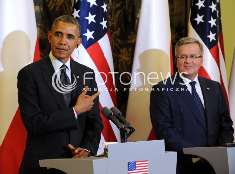  03.06.2014 WARSZAWA<br />SPOTKANIE PREZYDENTA BARACKA OBAMY Z PREZYDENTEM BRONISLAWEM KOMOROWSKIM<br />President Obama in Poland. Barack Obama and President Bronislaw Komorowski meet at Belweder Palace<br />N/Z PREZYDENT POLSKI BRONISLAW KOMOROWSKI PREZYDENT USA BARACK OBAMA<br /> 