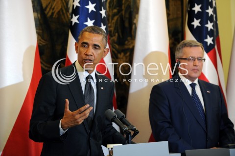  03.06.2014 WARSZAWA<br />SPOTKANIE PREZYDENTA BARACKA OBAMY Z PREZYDENTEM BRONISLAWEM KOMOROWSKIM<br />President Obama in Poland. Barack Obama and President Bronislaw Komorowski meet at Belweder Palace<br />N/Z PREZYDENT POLSKI BRONISLAW KOMOROWSKI PREZYDENT USA BARACK OBAMA<br /> 