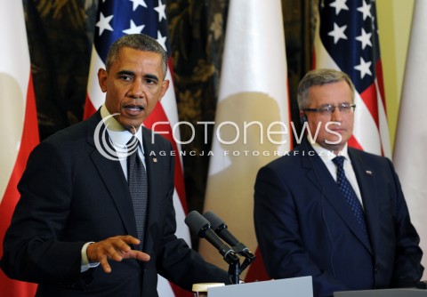  03.06.2014 WARSZAWA<br />SPOTKANIE PREZYDENTA BARACKA OBAMY Z PREZYDENTEM BRONISLAWEM KOMOROWSKIM<br />President Obama in Poland. Barack Obama and President Bronislaw Komorowski meet at Belweder Palace<br />N/Z PREZYDENT POLSKI BRONISLAW KOMOROWSKI PREZYDENT USA BARACK OBAMA<br /> 