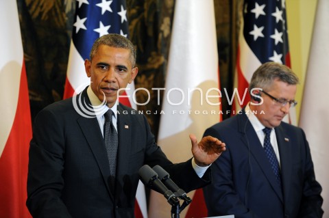  03.06.2014 WARSZAWA<br />SPOTKANIE PREZYDENTA BARACKA OBAMY Z PREZYDENTEM BRONISLAWEM KOMOROWSKIM<br />President Obama in Poland. Barack Obama and President Bronislaw Komorowski meet at Belweder Palace<br />N/Z PREZYDENT POLSKI BRONISLAW KOMOROWSKI PREZYDENT USA BARACK OBAMA<br /> 