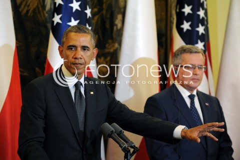  03.06.2014 WARSZAWA<br />SPOTKANIE PREZYDENTA BARACKA OBAMY Z PREZYDENTEM BRONISLAWEM KOMOROWSKIM<br />President Obama in Poland. Barack Obama and President Bronislaw Komorowski meet at Belweder Palace<br />N/Z PREZYDENT POLSKI BRONISLAW KOMOROWSKI PREZYDENT USA BARACK OBAMA<br /> 