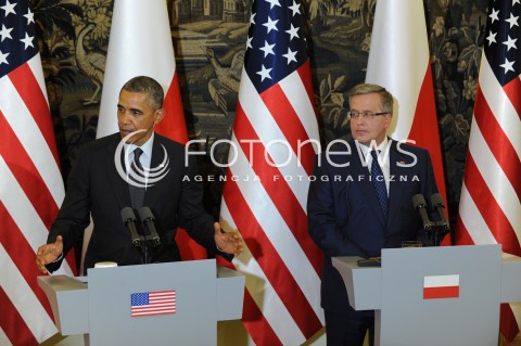  03.06.2014 WARSZAWA<br />SPOTKANIE PREZYDENTA BARACKA OBAMY Z PREZYDENTEM BRONISLAWEM KOMOROWSKIM<br />President Obama in Poland. Barack Obama and President Bronislaw Komorowski meet at Belweder Palace<br />N/Z PREZYDENT POLSKI BRONISLAW KOMOROWSKI PREZYDENT USA BARACK OBAMA<br /> 