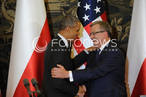  03.06.2014 WARSZAWA<br />SPOTKANIE PREZYDENTA BARACKA OBAMY Z PREZYDENTEM BRONISLAWEM KOMOROWSKIM<br />President Obama in Poland. Barack Obama and President Bronislaw Komorowski meet at Belweder Palace<br />N/Z PREZYDENT POLSKI BRONISLAW KOMOROWSKI PREZYDENT USA BARACK OBAMA<br /> 