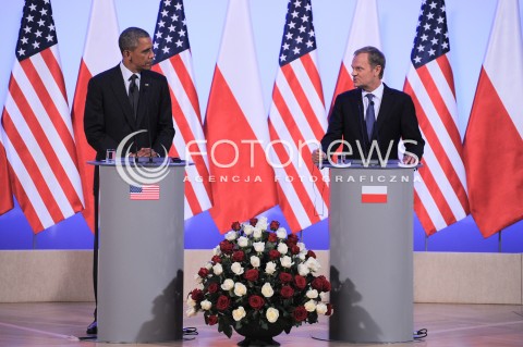  03.06.2014 WARSZAWA<br />WIZYTA PREZYDENTA USA BARACKA OBAMY W POLSCE<br />SPOTKANIE PREZYDENTA BARACKA OBAMY Z PREMIEREM DONALDEM TUSKIEM<br />President Obama in Poland. Barack Obama and Prime Minister Donald Tusk meet at the Polish Chancellery<br />N/Z BARACK OBAMA DONALD TUSK<br /> 