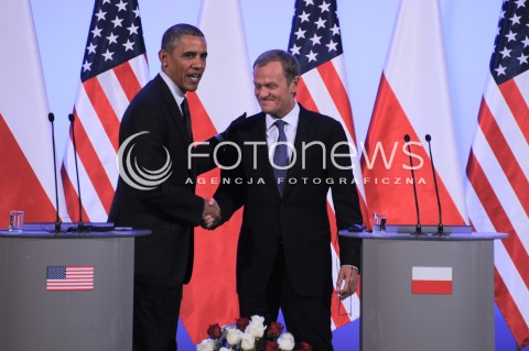  03.06.2014 WARSZAWA<br />WIZYTA PREZYDENTA USA BARACKA OBAMY W POLSCE<br />SPOTKANIE PREZYDENTA BARACKA OBAMY Z PREMIEREM DONALDEM TUSKIEM<br />President Obama in Poland. Barack Obama and Prime Minister Donald Tusk meet at the Polish Chancellery<br />N/Z BARACK OBAMA DONALD TUSK<br /> 
