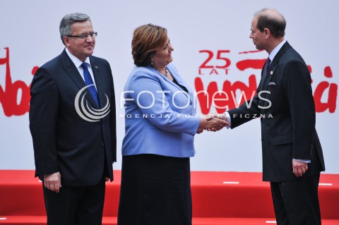  04.06.2014 WARSZAWA <br />GLOWNE UROCZYSTOSCI Z OKAZJI 25 LECIA WOLNYCH WYBOROW W POLSCE<br />N/Z PREZYDENT RP BRONISLAW KOMOROWSKI Z MALZONKA ANNA KOMOROWSKA KSIAZE EDWARD<br /> 