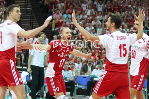  13.06.2014 KATOWICE SPODEK<br />SIATKOWKA MEZCZYZN <br />LIGA SWIATOWA 2014<br />FIVB VOLLEYBALL WORLD LEAGUE 2014<br />MECZ POLSKA - WLOCHY ( POLAND - ITALY ) <br />N/Z PAWEL ZATORSKI MARIUSZ WLAZLY RADOSC EMOCJE <br /> 