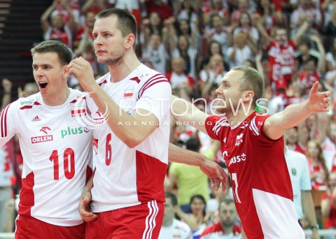  13.06.2014 KATOWICE SPODEK<br />SIATKOWKA MEZCZYZN <br />LIGA SWIATOWA 2014<br />FIVB VOLLEYBALL WORLD LEAGUE 2014<br />MECZ POLSKA - WLOCHY ( POLAND - ITALY ) <br />N/Z MARIUSZ WLAZLY BARTOSZ KUREK PAWEL ZATORSKI RADOSC<br /> 