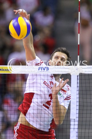  20.06.2014 KRAKOW ARENA<br />SIATKOWKA MEZCZYZN <br />LIGA SWIATOWA 2014<br />FIVB VOLLEYBALL WORLD LEAGUE 2014<br />MECZ POLSKA - BRAZYLIA ( POLAND - BRASIL ) <br />N/Z MICHAL WINIARSKI  SYLWETKA ATAK<br /> 