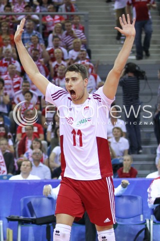  20.06.2014 KRAKOW ARENA<br />SIATKOWKA MEZCZYZN <br />LIGA SWIATOWA 2014<br />FIVB VOLLEYBALL WORLD LEAGUE 2014<br />MECZ POLSKA - BRAZYLIA ( POLAND - BRASIL ) <br />N/Z FABIAN DRZYZGA RADOSC EMOCJE SYLWETKA <br /> 