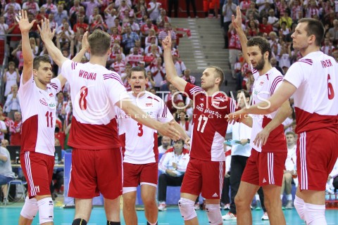  20.06.2014 KRAKOW ARENA<br />SIATKOWKA MEZCZYZN <br />LIGA SWIATOWA 2014<br />FIVB VOLLEYBALL WORLD LEAGUE 2014<br />MECZ POLSKA - BRAZYLIA ( POLAND - BRASIL ) <br />N/Z FABIAN DRZYZGA DAWID KONARSKI PAWEL ZATORSKI MATEUSZ MIKA RADOSC EMOCJE <br /> 