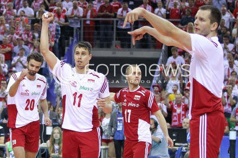  20.06.2014 KRAKOW ARENA<br />SIATKOWKA MEZCZYZN <br />LIGA SWIATOWA 2014<br />FIVB VOLLEYBALL WORLD LEAGUE 2014<br />MECZ POLSKA - BRAZYLIA ( POLAND - BRASIL ) <br />N/Z FABIAN DRZYZGA MATEUSZ MIKA RADOSC EMOCJE BARTOSZ KUREK <br /> 