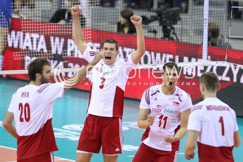  20.06.2014 KRAKOW ARENA<br />SIATKOWKA MEZCZYZN <br />LIGA SWIATOWA 2014<br />FIVB VOLLEYBALL WORLD LEAGUE 2014<br />MECZ POLSKA - BRAZYLIA ( POLAND - BRASIL ) <br />N/Z DAWID KONARSKI FABIAN DRZYZGA MATEUSZ MIKA RADOSC EMOCJE <br /> 