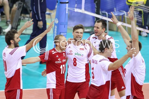  20.06.2014 KRAKOW ARENA<br />SIATKOWKA MEZCZYZN <br />LIGA SWIATOWA 2014<br />FIVB VOLLEYBALL WORLD LEAGUE 2014<br />MECZ POLSKA - BRAZYLIA ( POLAND - BRASIL ) <br />N/Z PAWEL ZATORSKI ANDRZEJ WRONA BARTOSZ KUREK RADOSC EMOCJE <br /> 