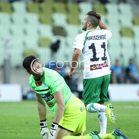  25.07.2014 GDANSK PGE ARENA STADION<br />PILKA NOZNA T-MOBILE EKSTRAKLASA SEZON 2014/2015<br />FOOTBALL POLISH EKSTRAKLASA SEASON 2014/2015<br />MECZ LECHIA GDANSK - PODBESKIDZIE BIELSKO - BIALA<br />N/Z MACIEJ MAKUSZEWSKI RADOSC BRAMKA GOL RICHARD ZAJAC SMUTEK PORAZKA PRZEGRANA<br /> 