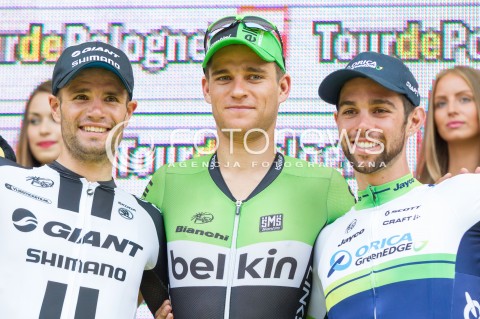  05.08.2014 RZESZOW<br />71 TOUR DE POLOGNE - ETAP III META W RZESZOWIE<br />N/Z THEO BOS (C), LUKA MEZGEC (L), MICHAEL MATTHEWS (P) PODIUM RADOSC WYGRANA ZWYCIESTWO DEKORACJA<br /> 