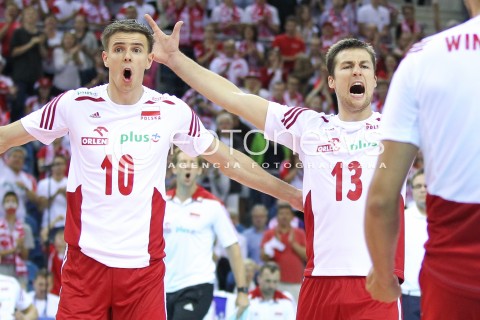  16.08.2014 KRAKOW ARENA<br />XII MEMORIAL HUBERTA JERZEGO WAGNERA<br />MECZ POLSKA - BULGARIA<br />N/Z MARIUSZ WLAZLY MICHAL KUBIAK RADOSC EMOCJE <br /> 