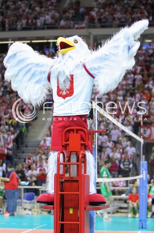  16.08.2014 KRAKOW ARENA<br />XII MEMORIAL HUBERTA JERZEGO WAGNERA<br />MECZ POLSKA - BULGARIA<br />N/Z ORZEL MASKOTKA REPREZENTACJI DOPING OPRAWA<br /> 