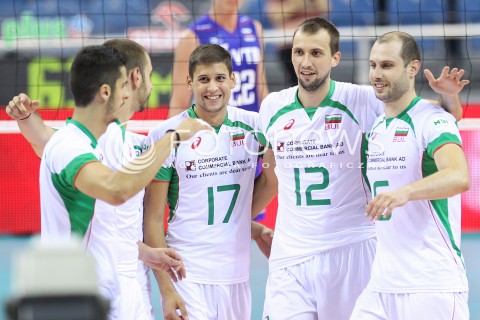  17.08.2014 KRAKOW ARENA<br />XII MEMORIAL HUBERTA JERZEGO WAGNERA<br />MECZ BULGARIA - ROSJA<br />N/Z NIKOLAY PENCHEV VIKTOR YOSIFOV DANAIL MILUSHEV RADOSC EMOCJE <br /> 