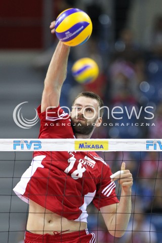  17.08.2014 KRAKOW ARENA<br />XII MEMORIAL HUBERTA JERZEGO WAGNERA<br />MECZ POLSKA - CHINY<br />N/Z MARCIN MOZDZONEK SYLWETKA ATAK<br /> 