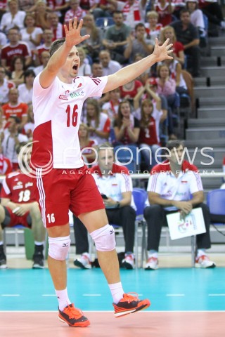  17.08.2014 KRAKOW ARENA<br />XII MEMORIAL HUBERTA JERZEGO WAGNERA<br />MECZ POLSKA - CHINY<br />N/Z KRZYSZTOF IGNACZAK RADOSC EMOCJE SYLWETKA <br /> 