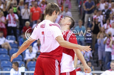  18.08.2014 KRAKOW ARENA<br />XII MEMORIAL HUBERTA JERZEGO WAGNERA<br />MECZ POLSKA - ROSJA ( MATCH POLAND - RUSSIA ) <br />N/Z KAROL KLOS KRZYSZTOF IGNACZAK ZLOSC RADOSC EMOCJE ZDERZENIE KLATAMI SLINA<br /> 