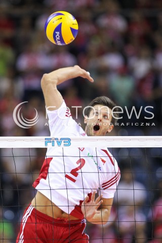  18.08.2014 KRAKOW ARENA<br />XII MEMORIAL HUBERTA JERZEGO WAGNERA<br />MECZ POLSKA - ROSJA ( MATCH POLAND - RUSSIA ) <br />N/Z MICHAL WINIARSKI SYLWETKA ATAK<br /> 