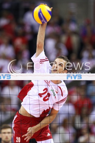  18.08.2014 KRAKOW ARENA<br />XII MEMORIAL HUBERTA JERZEGO WAGNERA<br />MECZ POLSKA - ROSJA ( MATCH POLAND - RUSSIA ) <br />N/Z MATEUSZ MIKA SYLWETKA ATAK<br /> 