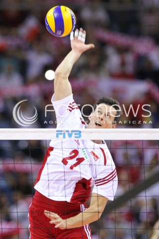  18.08.2014 KRAKOW ARENA<br />XII MEMORIAL HUBERTA JERZEGO WAGNERA<br />MECZ POLSKA - ROSJA ( MATCH POLAND - RUSSIA ) <br />N/Z RAFAL BUSZEK SYLWETKA ATAK<br /> 