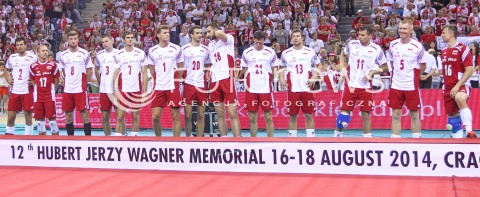  18.08.2014 KRAKOW ARENA<br />XII MEMORIAL HUBERTA JERZEGO WAGNERA<br />CEREMOWANIA DEKORACJI<br />N/Z REPREZENTACJA POLSKI - II MIEJSCE GRUPOWE ZDJECIE<br /> 