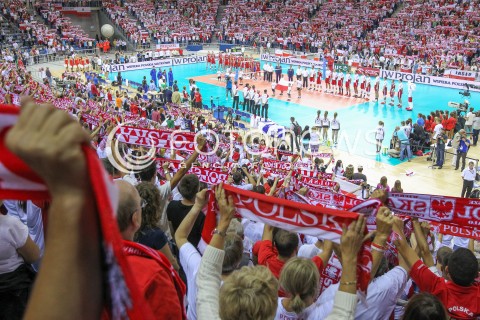  18.08.2014 KRAKOW ARENA<br />XII MEMORIAL HUBERTA JERZEGO WAGNERA<br />MECZ POLSKA - ROSJA ( MATCH POLAND - RUSSIA ) <br />N/Z HALA WIDOK VIEW WEWNATRZ INSIDE KIBICE DOPING EMOCJE FLAGI SZALIKI BARWY NARODOWE OPRAWA<br /> 
