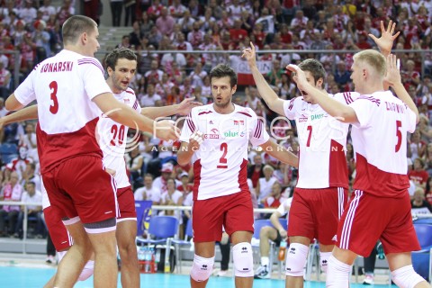  18.08.2014 KRAKOW ARENA<br />XII MEMORIAL HUBERTA JERZEGO WAGNERA<br />MECZ POLSKA - ROSJA ( MATCH POLAND - RUSSIA ) <br />N/Z MICHAL WINIARSKI KAROL KLOS MATEUSZ MIKA RADOSC EMOCJE <br /> 