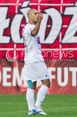  22.08.2014 LODZ PILKA NOZNA POLSKA PIERWSZA LIGA SEZON 2014/2015 FOOTBALL POLISH  WIDZEW LODZ - GKS TYCHY N/Z SYLWETKA MACIEJ KOWALCZYK GOL RADOSC  