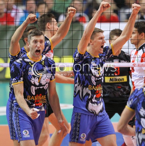  15.10.2014 RZESZOW<br />SIATKOWKA PLUSLIGA 2014/2015 MEN VOLLEYBALL POLAND POLISH PLUS LIGA LEAGUE SEASON 2014/2015<br />MECZ ASSECO RESOVIA - MKS BANIMEX BEDZIN<br />N/Z MARIUSZ GACA MIKOLAJ SARNECKI RADOSC EMOCJE <br /> 