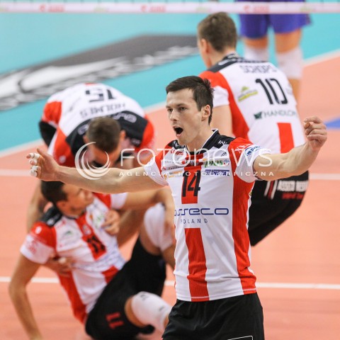  15.10.2014 RZESZOW<br />SIATKOWKA PLUSLIGA 2014/2015 MEN VOLLEYBALL POLAND POLISH PLUS LIGA LEAGUE SEASON 2014/2015<br />MECZ ASSECO RESOVIA - MKS BANIMEX BEDZIN<br />N/Z RAFAL BUSZEK RADOSC EMOCJE SYLWETKA <br /> 