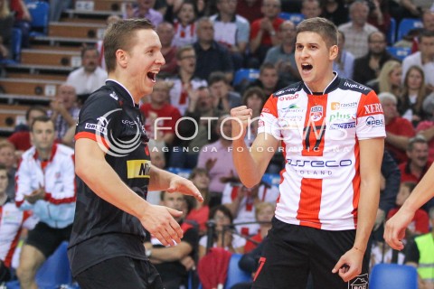  15.10.2014 RZESZOW<br />SIATKOWKA PLUSLIGA 2014/2015 MEN VOLLEYBALL POLAND POLISH PLUS LIGA LEAGUE SEASON 2014/2015<br />MECZ ASSECO RESOVIA - MKS BANIMEX BEDZIN<br />N/Z MICHAL ZUREK NIKOLAY PENCZEV RADOSC EMOCJE <br /> 