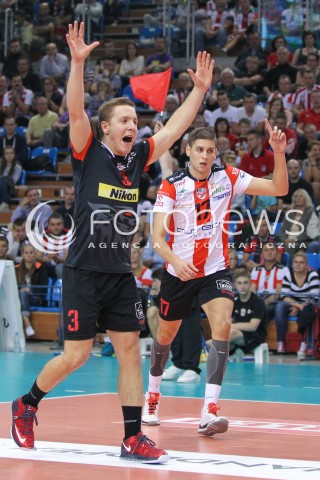  15.10.2014 RZESZOW<br />SIATKOWKA PLUSLIGA 2014/2015 MEN VOLLEYBALL POLAND POLISH PLUS LIGA LEAGUE SEASON 2014/2015<br />MECZ ASSECO RESOVIA - MKS BANIMEX BEDZIN<br />N/Z MICHAL ZUREK NIKOLAY PENCZEV RADOSC EMOCJE SYLWETKA <br /> 