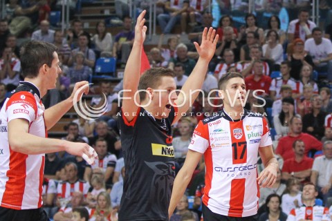  15.10.2014 RZESZOW<br />SIATKOWKA PLUSLIGA 2014/2015 MEN VOLLEYBALL POLAND POLISH PLUS LIGA LEAGUE SEASON 2014/2015<br />MECZ ASSECO RESOVIA - MKS BANIMEX BEDZIN<br />N/Z MICHAL ZUREK NIKOLAY PENCZEV RADOSC EMOCJE <br /> 