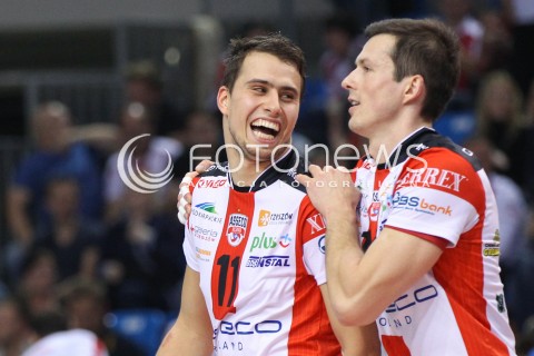  15.10.2014 RZESZOW<br />SIATKOWKA PLUSLIGA 2014/2015 MEN VOLLEYBALL POLAND POLISH PLUS LIGA LEAGUE SEASON 2014/2015<br />MECZ ASSECO RESOVIA - MKS BANIMEX BEDZIN<br />N/Z FABIAN DRZYZGA RAFAL BUSZEK RADOSC EMOCJE <br /> 