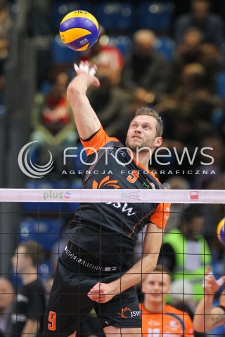  18.10.2014 RZESZOW<br />SIATKOWKA PLUSLIGA 2014/2015 MEN VOLLEYBALL POLAND POLISH PLUS LIGA LEAGUE SEASON 2014/2015<br />MECZ ASSECO RESOVIA - JASTRZEBSKI WEGIEL<br />N/Z PATRYK CZARNOWSKI SYLWETKA ATAK<br /> 
